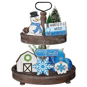 guoofu winter tiered tray decor, farmhouse tray decorations, winter wonderland snowman gnome snowflake wooden signs, rustic winter decor for home table mantel office holiday party