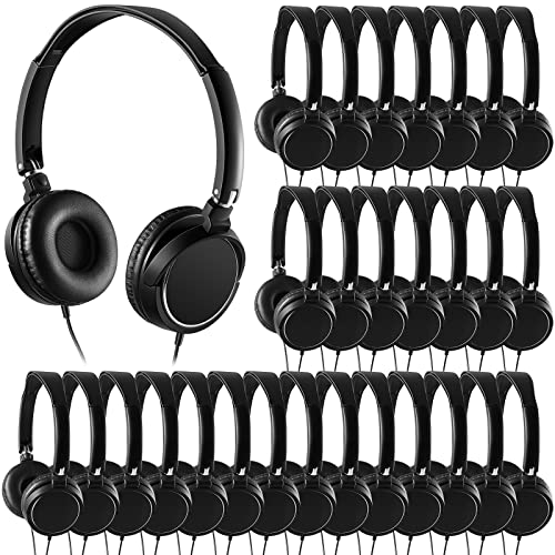 Amylove 48 Pack Classroom Headphones Bulk Students Headphones with Microphone Kids Earphones for School, Adjustable Over Ear Headphones Set Earbuds Wire Headphones for School Students Kids (Black)