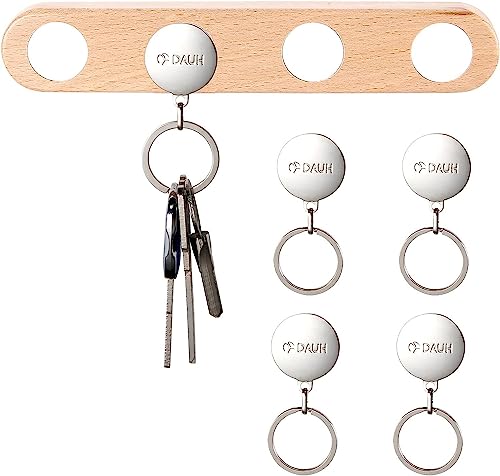 DAUH Magnetic Key Holder, Original Wooden Adhesive Magnetic Key Holder for Wall, Strong Magnet Key Holder Home with 4 Key Rings for Door Entryway Hallway Office