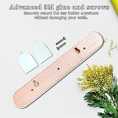 DAUH Magnetic Key Holder, Original Wooden Adhesive Magnetic Key Holder for Wall, Strong Magnet Key Holder Home with 4 Key Rings for Door Entryway Hallway Office