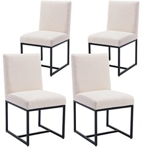 set of 4 linen upholstered dining room chair, mid century modern fabric chair for dining room, with black metal frame, cream