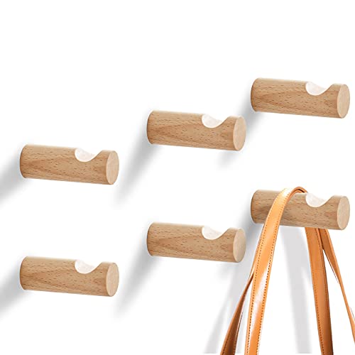 mosuniro Wood Wall Hooks Set, 6 Pack Wall Mounted Single Coat Hook, Decorative Wooden Coat and Hat Hanger Hooks for Hanging Coats Hats and Bags (Beech Wood, 2.3 inch)