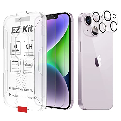 Fabunor Tempered Glass Screen Protector Compatible with iPhone 14 (6.1 inch, 2022) with Camera Lens Protector, [9H Hardness] [EZ Kit] [Automatic Alignment] [Compatible with Face ID] - 2+2 Pack