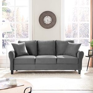 peihonget 78.35" mid-century modern living room sofa 3 seater velvet sofa couch with 2 pillows armrest and wood legs for bedroom, apartment, dorm, office (gray)