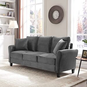 PEIHONGET 78.35" Mid-Century Modern Living Room Sofa 3 Seater Velvet Sofa Couch with 2 Pillows Armrest and Wood Legs for Bedroom, Apartment, Dorm, Office (Gray)