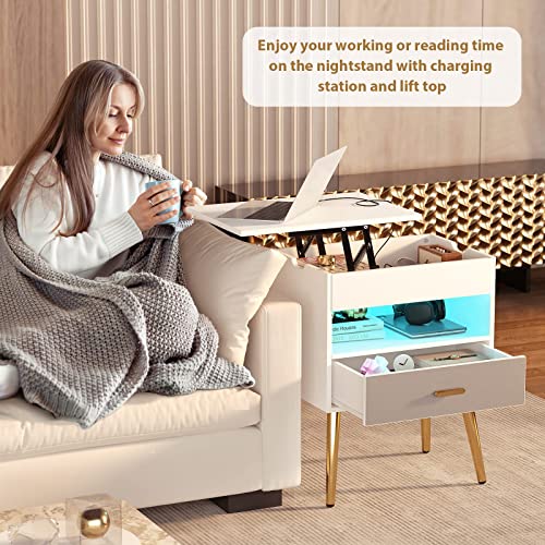 Cyclysio 35 Inches Nightstand with Reversible Lift Top, Large Night Stand with LED Lights, Tall Bedside Table with Charging Station, High End Side Table for Bedroom, Sofa Side, Living Room, White