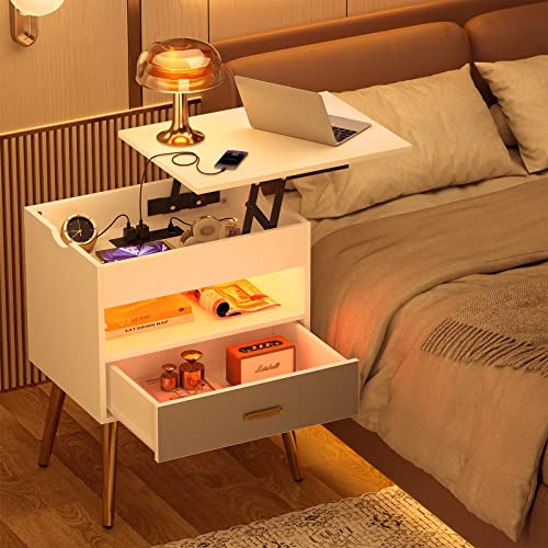Cyclysio 35 Inches Nightstand with Reversible Lift Top, Large Night Stand with LED Lights, Tall Bedside Table with Charging Station, High End Side Table for Bedroom, Sofa Side, Living Room, White