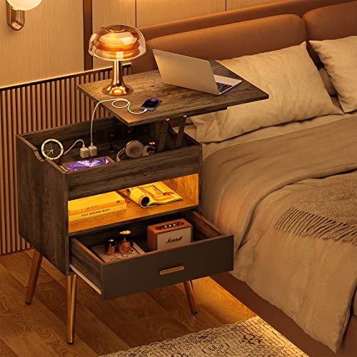 Cyclysio 35 Inches Nightstand with Reversible Lift Top, Large Night Stand with LED Lights, Tall Bedside Table with Charging Station, High End Side Table for Bedroom, Sofa Side, Living Room, Grey