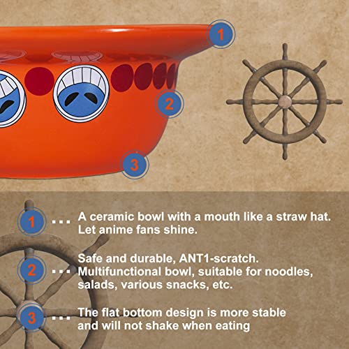 Anime One Piece Bowl Set with Chopsticks Straw Hat Ceramic Ramen Bowl Set Merchandise Fans Gifts, Dishwasher & Microwave Safe (orange)