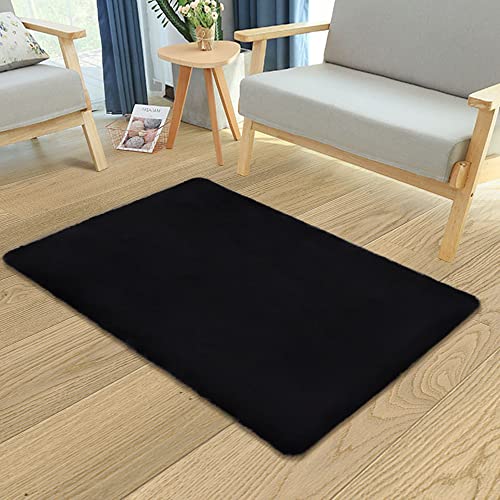 Small Black Rug Faux Rabbit Fur Rug 2x3 Fluffy Throw Rug for Bedroom Entryway Floor Sofa Living Room Area Rug with Non Shedding Soft Shag Rug