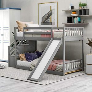 merax twin over twin bunk bed with convertible slide and stairway, no box spring needed, grey