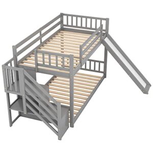 Merax Twin Over Twin Bunk Bed with Convertible Slide and Stairway, No Box Spring Needed, Grey