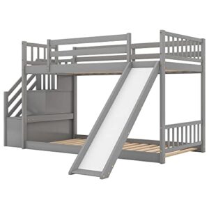 Merax Twin Over Twin Bunk Bed with Convertible Slide and Stairway, No Box Spring Needed, Grey