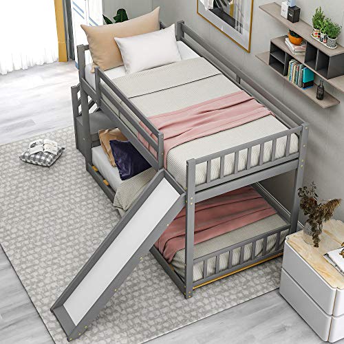Merax Twin Over Twin Bunk Bed with Convertible Slide and Stairway, No Box Spring Needed, Grey