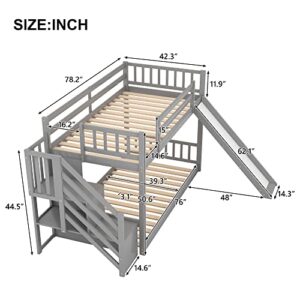 Merax Twin Over Twin Bunk Bed with Convertible Slide and Stairway, No Box Spring Needed, Grey