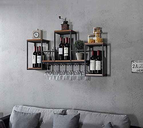 Wine Rack Stylish Simplicity Wrought Iron Wall Mounted Europeanstyle Retro Solid Wood Multifunctional Storage Rack Wine Cabinets for Living Room Bar, PIBM