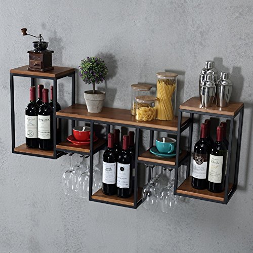 Wine Rack Stylish Simplicity Wrought Iron Wall Mounted Europeanstyle Retro Solid Wood Multifunctional Storage Rack Wine Cabinets for Living Room Bar, PIBM