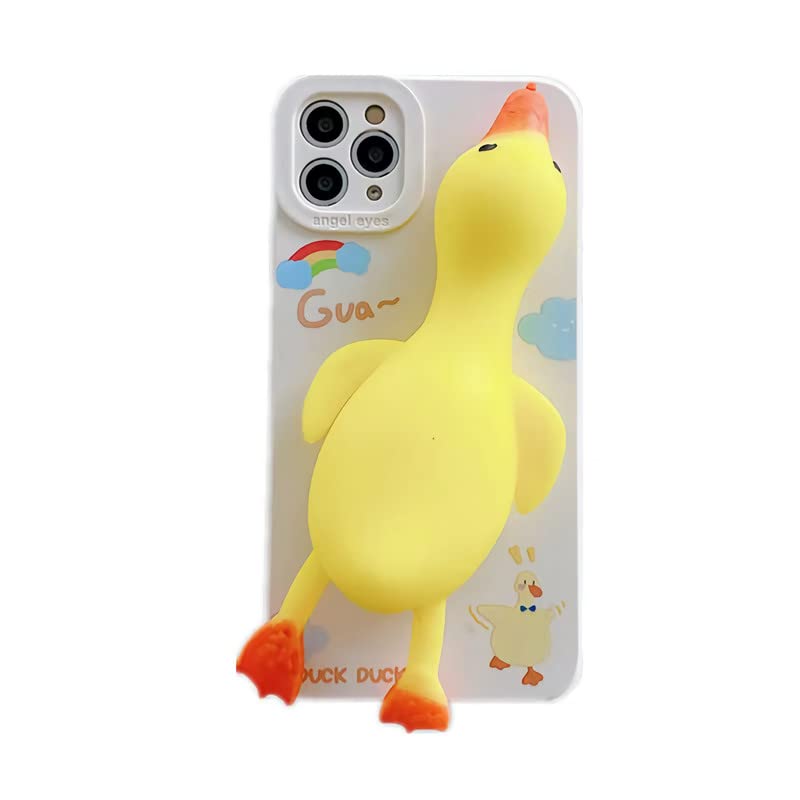 Seconddog Compatible with iPhone 13 Case Cartoon Cute 3D Finger Pinch Duck Funny Squeeze Sensory Stress Reliever Decompression Toy Soft Bumper Shockproof Protective Case 6.1 inch Yellow