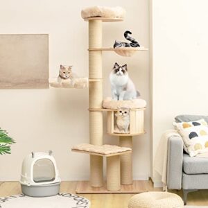 tangkula modern cat tree, multi-level large cat tower w/cat condo, hammocks & hanging basket, tall cat tree w/sisal posts, washable cushions, wood cat trees and towers for indoor large cats