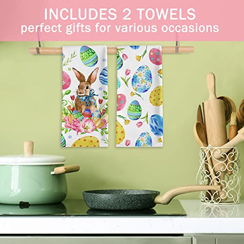 Easter Kitchen Towels Set of 2, Easter Kitchen Decor with Rabbit Bunny Flower Easter Egg, Decorative Dish Towel Dishcloths Multi-use Tea Towel, Reusable Drying Hand Towel 18x28” Home Bathroom Decor