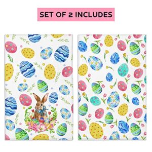 Easter Kitchen Towels Set of 2, Easter Kitchen Decor with Rabbit Bunny Flower Easter Egg, Decorative Dish Towel Dishcloths Multi-use Tea Towel, Reusable Drying Hand Towel 18x28” Home Bathroom Decor