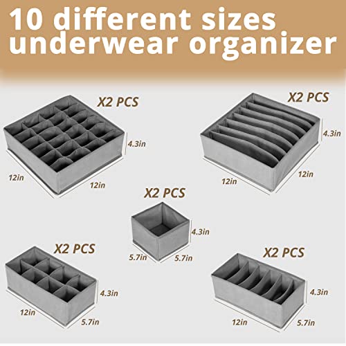 10 Pack Drawer Organizers Divider Fabric Foldable Storage Bins for Storing Bra Ties Lingerie Sock Panty Belts Clothes Scarves (10 Pack Grey)