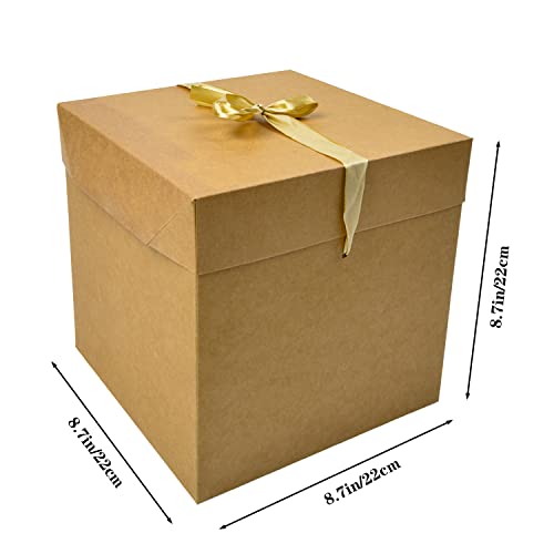 Square Gift Boxes with Lids Set of 4, Brown Kraft Gift Box with Ribbon, (8.7 Inch Medium), Presents Packing, Birthday, Wedding Party Favor Boxes.