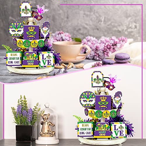 13 Pcs Mardi Gras Tiered Tray Decor Set Include Rustic Gnome Truck Mask Wood Sign Letter Sign Decoration Mardi Gras Table Decor for Xmas Decoration Home Kitchen Table Shelf Decorations