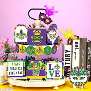 13 Pcs Mardi Gras Tiered Tray Decor Set Include Rustic Gnome Truck Mask Wood Sign Letter Sign Decoration Mardi Gras Table Decor for Xmas Decoration Home Kitchen Table Shelf Decorations