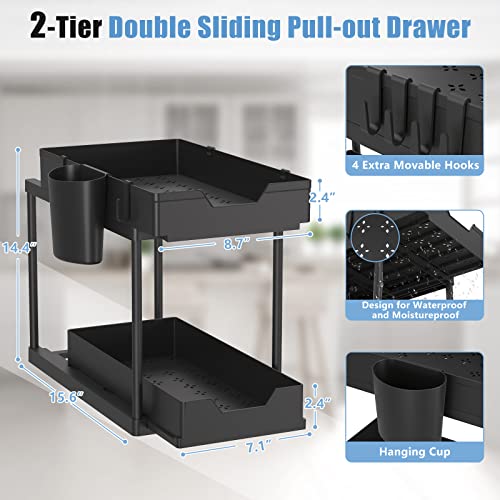 GAIPSWE 2 Pack Under Sink Organizers and Storage,2-Tier Double Sliding Cabinet Basket Organizer,Multi-purpose Storage Shelf for Bathroom Kitchen,Black