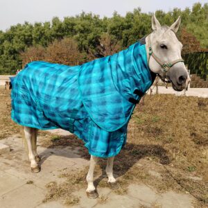 Ankaier 600D Waterproof & Windproof Winter Turnout Horse Blanket with Detachable Neck Hood Covered, High-Grade Thermal Polyfill Materials (250 Grams), Heavy Weight Version- Blue/Grid - 72" inches