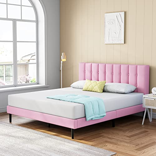 Moblly Full Size Platform Bed Frame with Headboard and No Box Spring Needed, Queen Bed for Large Storage Space/Mattress Foundation/Wood Slat Support/Easy Assembly, Pink