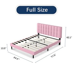 Moblly Full Size Platform Bed Frame with Headboard and No Box Spring Needed, Queen Bed for Large Storage Space/Mattress Foundation/Wood Slat Support/Easy Assembly, Pink