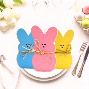 XUNWKONGG 3Pcs Wooden Easter Bunny Decor, Rabbit Wooden Sign for Easter Table Decorations, Wooden Table Centerpieces with Jute Rope for Home Spring Party Supplies Farmhouse Decor
