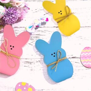 XUNWKONGG 3Pcs Wooden Easter Bunny Decor, Rabbit Wooden Sign for Easter Table Decorations, Wooden Table Centerpieces with Jute Rope for Home Spring Party Supplies Farmhouse Decor