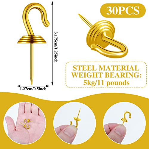 Push Pin Wall Hook Thumbtack Hooks Iron Alloy Nail Hooks for 20 lbs Home Office School Party Holiday Supply (Gold, 30 Pieces)