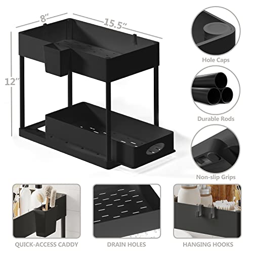 Under Sink Organizers and Storage | Bathroom Cabinet Organizer, Sink Shelf with Utility Hooks and Side Caddy for Under Cabinet Storage | Black (2-Pack) Under Kitchen Sink Organizer with Sliding Drawer