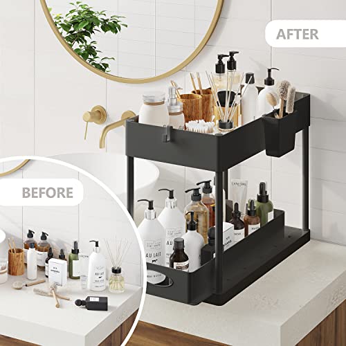 Under Sink Organizers and Storage | Bathroom Cabinet Organizer, Sink Shelf with Utility Hooks and Side Caddy for Under Cabinet Storage | Black (2-Pack) Under Kitchen Sink Organizer with Sliding Drawer