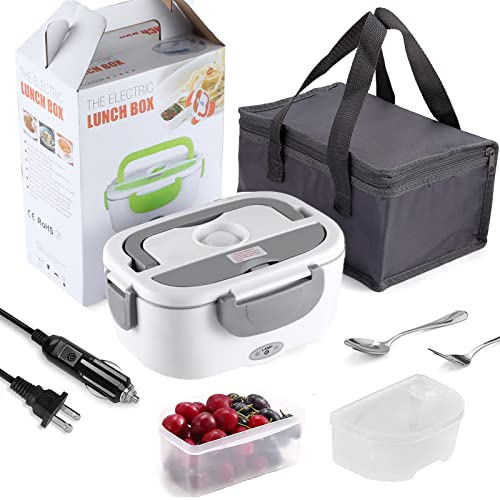 HYAUGX Electric Lunch Box Heater Warmer - 60W 1.5L Portable Food Heater 3 in 1 12V 24V 110V for Car Truck Home Office, Removable SS Container/Spoon/Fork/Insulation Bag/Seal Ring