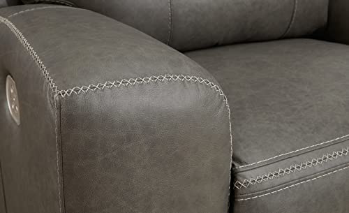 Signature Design by Ashley Roman Contemporary Tufted Leather Power Reclining Loveseat with Console and Adjustable Headrest, Gray