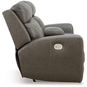 Signature Design by Ashley Roman Contemporary Tufted Leather Power Reclining Loveseat with Console and Adjustable Headrest, Gray