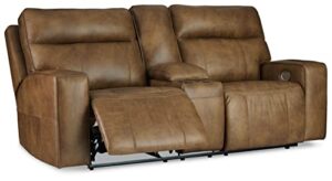 signature design by ashley game plan contemporary tufted leather power reclining loveseat with console and adjustable headrest, light brown