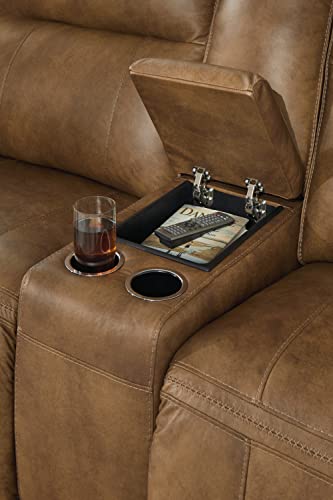 Signature Design by Ashley Game Plan Contemporary Tufted Leather Power Reclining Loveseat with Console and Adjustable Headrest, Light Brown