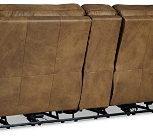 Signature Design by Ashley Game Plan Contemporary Tufted Leather Power Reclining Loveseat with Console and Adjustable Headrest, Light Brown