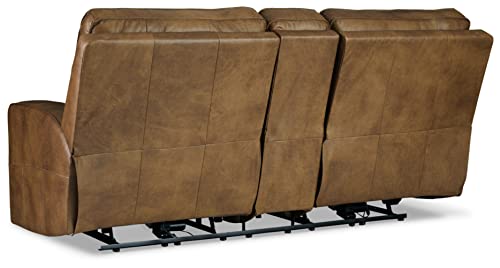 Signature Design by Ashley Game Plan Contemporary Tufted Leather Power Reclining Loveseat with Console and Adjustable Headrest, Light Brown