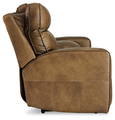 Signature Design by Ashley Game Plan Contemporary Tufted Leather Power Reclining Loveseat with Console and Adjustable Headrest, Light Brown