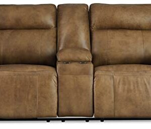 Signature Design by Ashley Game Plan Contemporary Tufted Leather Power Reclining Loveseat with Console and Adjustable Headrest, Light Brown