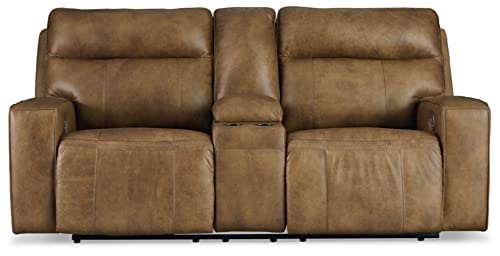 Signature Design by Ashley Game Plan Contemporary Tufted Leather Power Reclining Loveseat with Console and Adjustable Headrest, Light Brown