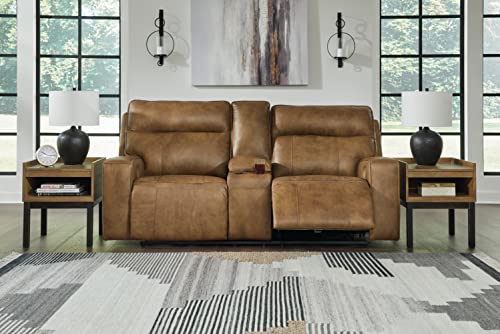 Signature Design by Ashley Game Plan Contemporary Tufted Leather Power Reclining Loveseat with Console and Adjustable Headrest, Light Brown