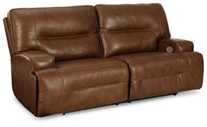 signature design by ashley francesca modern tufted leather 2 seat power reclining sofa with adjustable headrest, dark brown